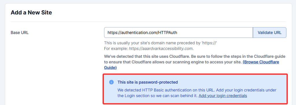 Site with password protection displays a banner with specific details instead of a generic Access Denied error