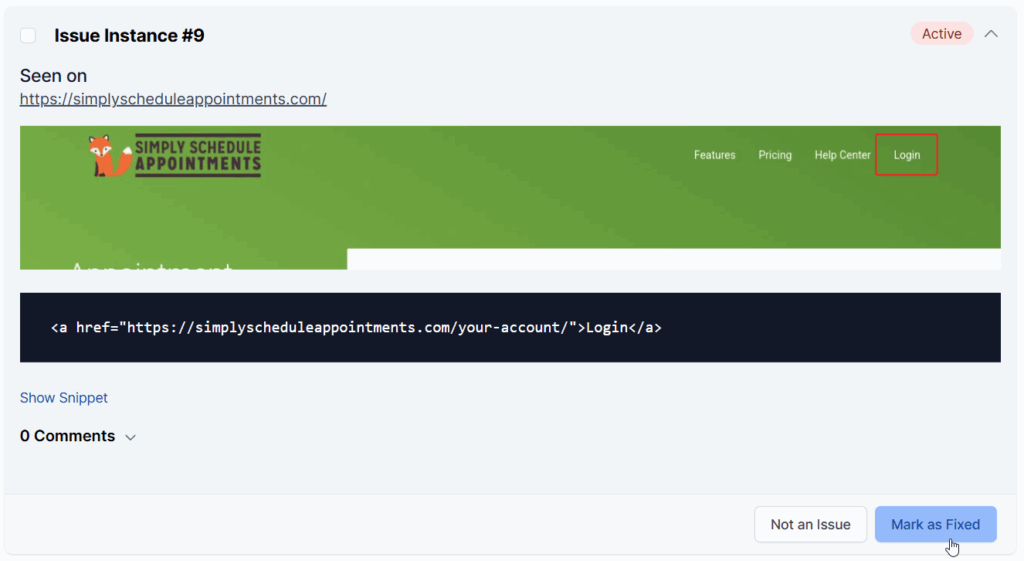 An images that shows how to mark an issues instance as "Mark as Fixed" or "Not an Issue".