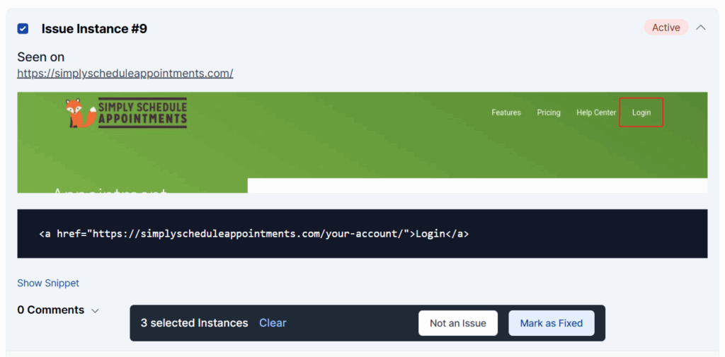 An images that displays how to select multiple instances and mark them as "Mark as Fixed" or "Not an Issue".