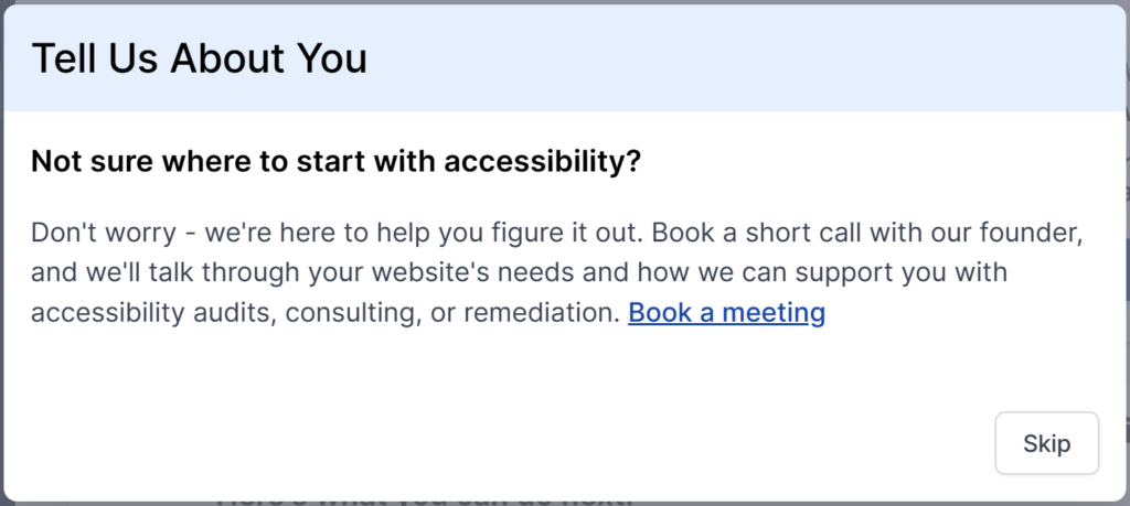Pop-up message offering to book a meeting for accessibility support.