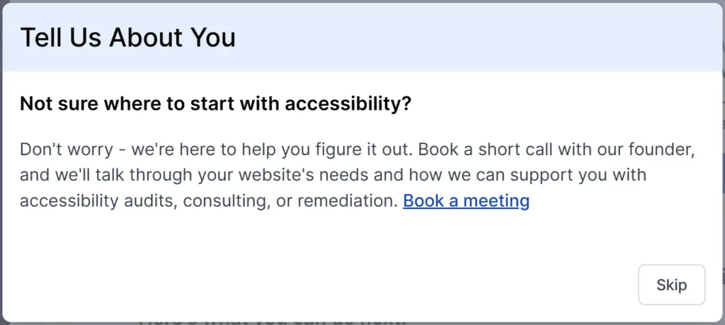 Pop-up message offering to book a meeting for accessibility support.