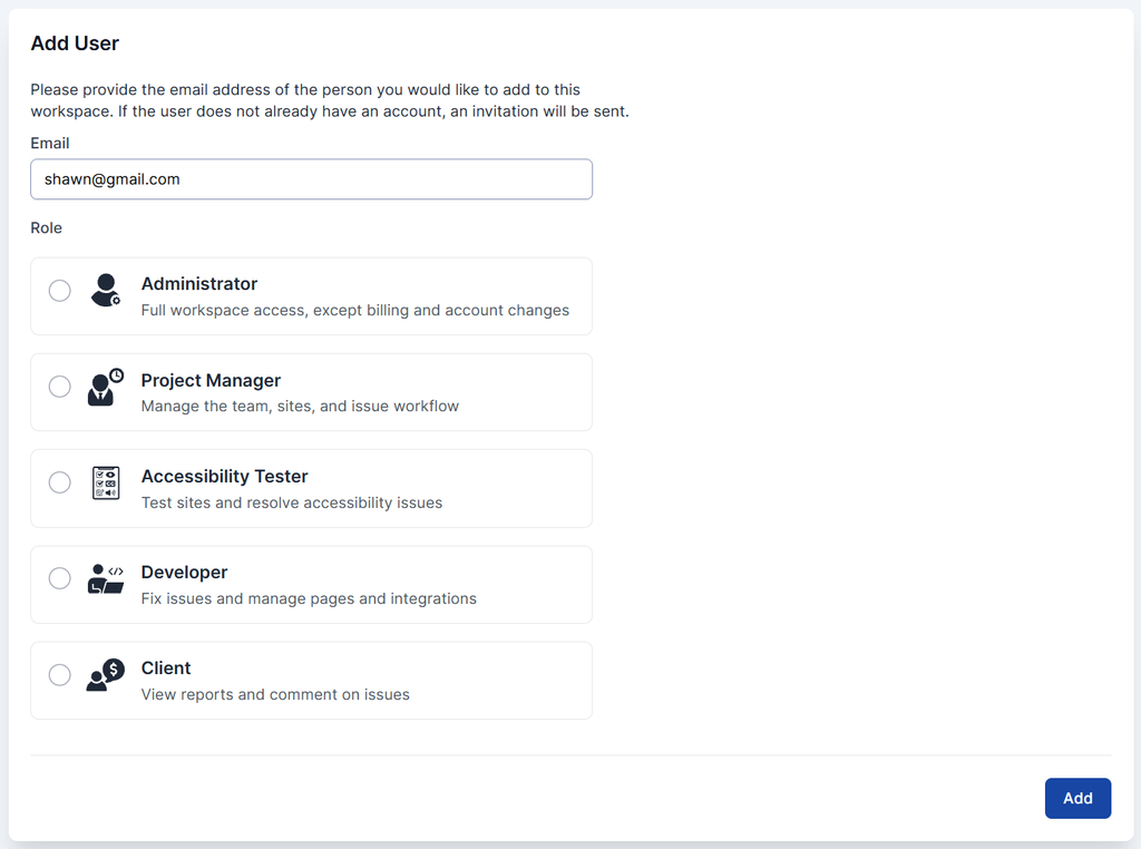 Role picker showing Owner, Administrator, Project Manager, Accessibility Tester, Developer, and Client each with a one-line permission summary, and the selected role's full permission list expanded below.