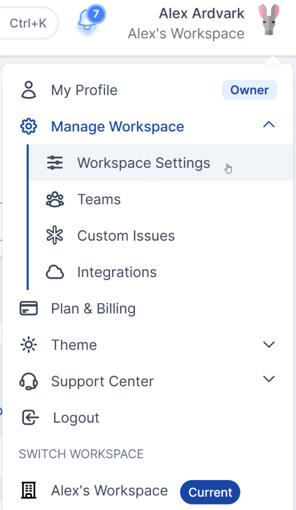 The Workspace Settings option is found under the Manage Workspace menu item.