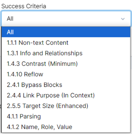 Success Criteria dropdown depicting WCAG criteria for accessibility issues.