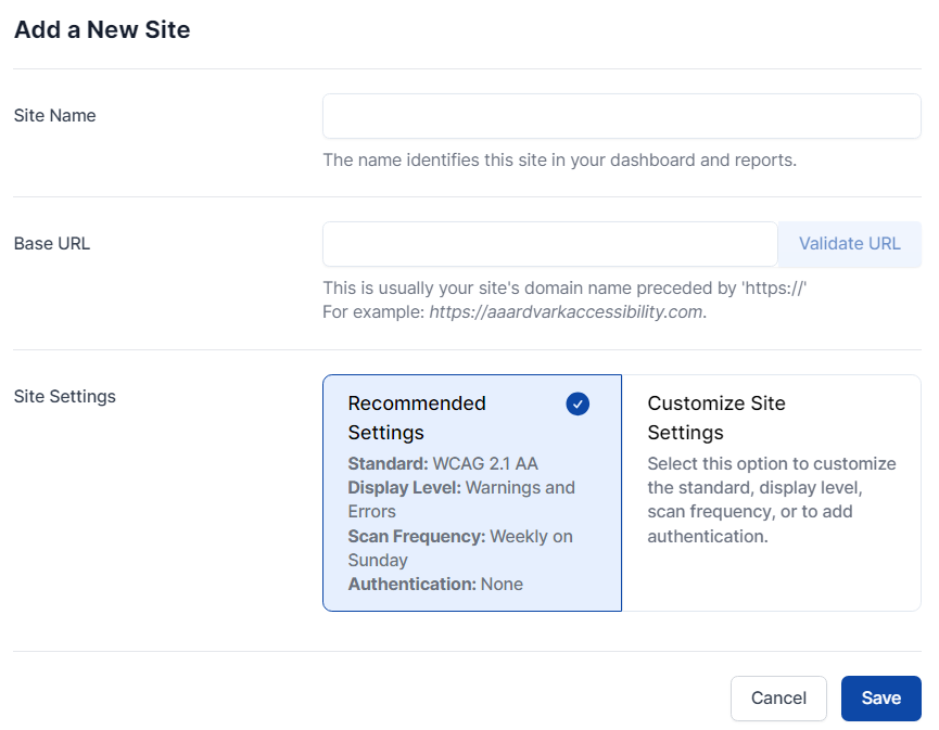 Recommended site settings to use for the site entered.