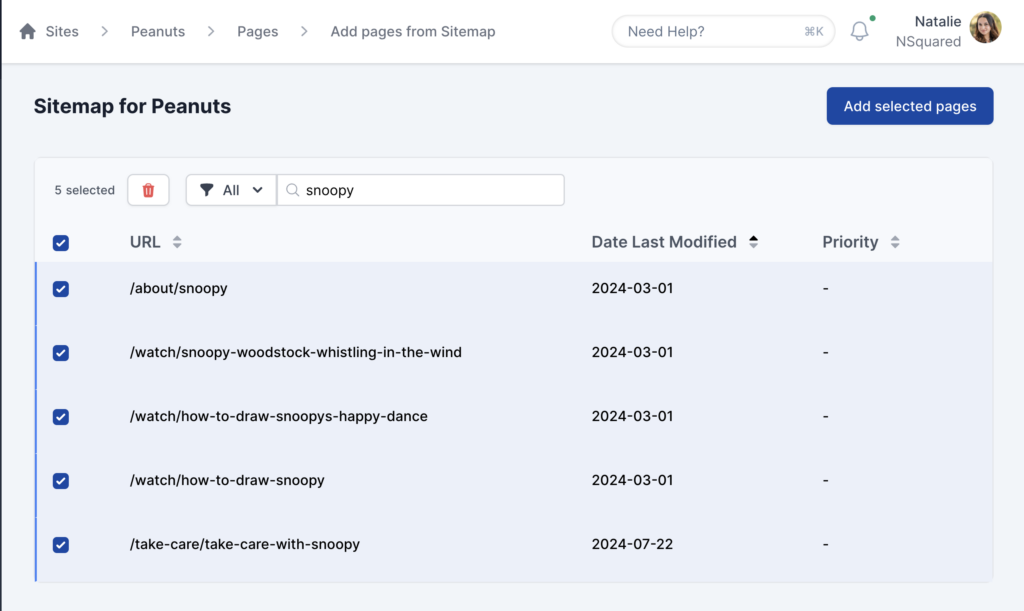 Adding pages from sitemap where they match a search term.