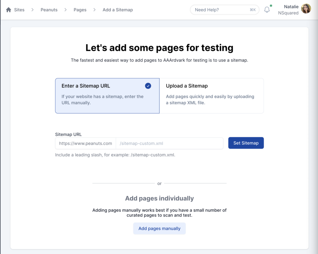 Add a Sitemap page showing the options to "Enter a Sitemap URL" or "Upload a Sitemap XML File".