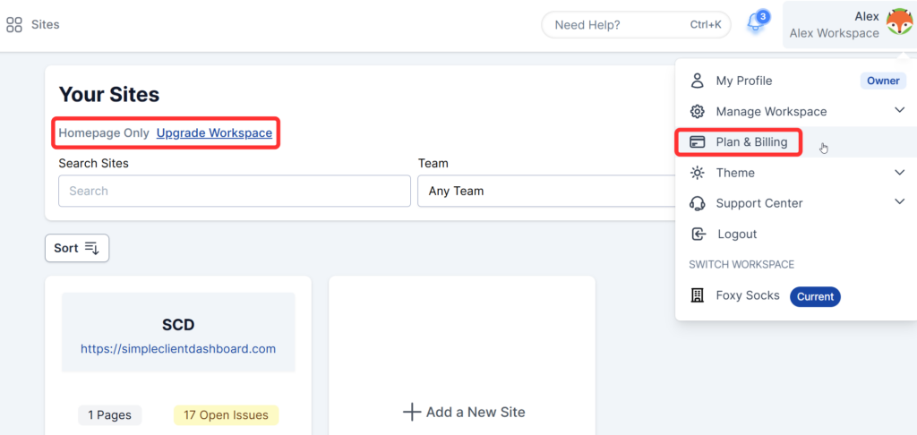Highlighting the Upgrade Workspace Link on the Dashboard, along with the opening User Menu where the Plan & Billing list item link is.