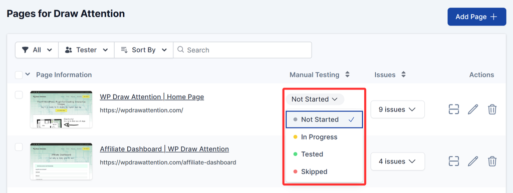 Click the status indicator on any page row to set or update its testing status.