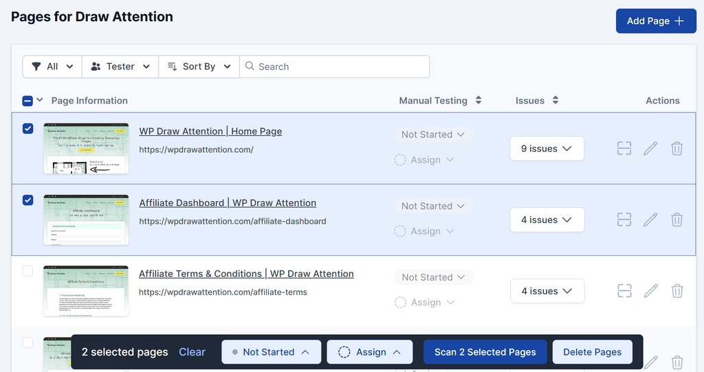 Multiple pages selected and ready for manual testing status updates, scanned, or deleted.