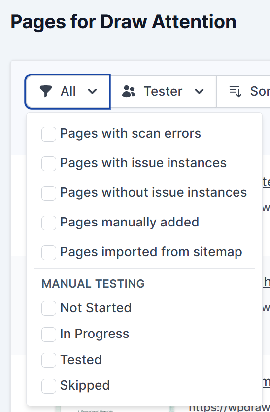 Available Filter Options for Pages