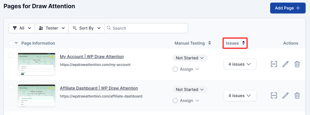 Sort pages by issue count by clicking the Issues column header