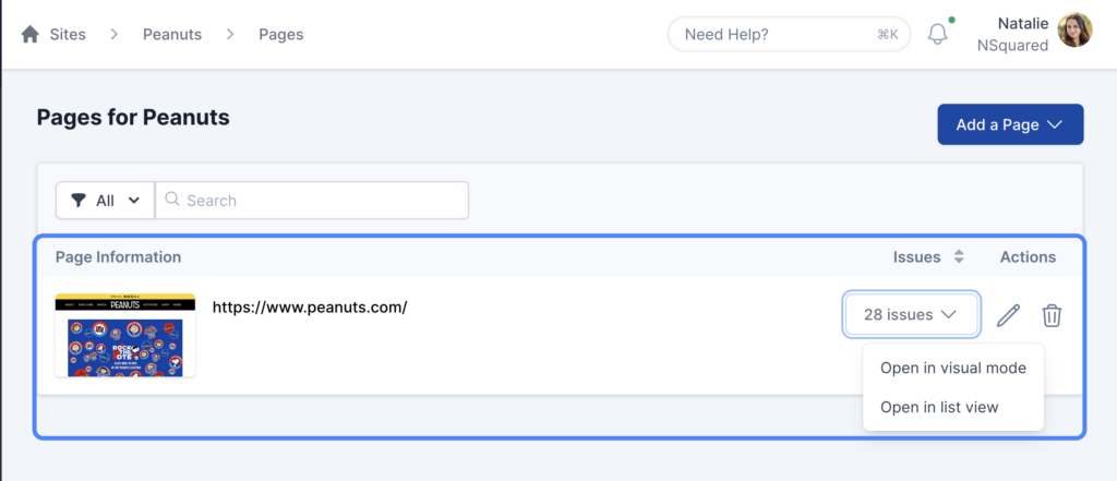 Pages listing highlighted with the Issues menu button selected and the Open in Visual Mode and Open in List View menu items shown.