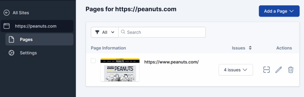 The Pages page interface, showing a table with the homepage listed.