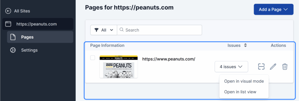 Pages listing highlighted with the Issues menu button selected and the Open in Visual Mode and Open in List View menu items shown.