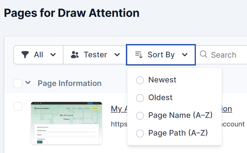 Use the 'Sort By' button to organize your pages with various filter options