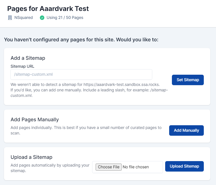 AAArdvark page setup, detailing three methods of adding pages to AAArdvark via manually adding pages or sitemaps.