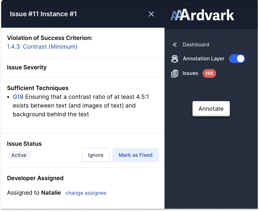 Screenshot of the Issue Instance detail page in the AAArdvark Visual Mode interface, listing the Violation of Success Criterion, Issue Severity, Sufficient Techniques, Issue Status, and Developer Assigned.