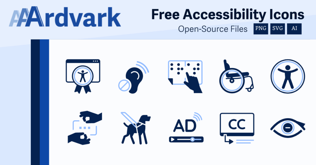 Collage of the AAArdvark Free Accessibility Icons. Provided as Open-source files in PNG, SVG, and AI formats.