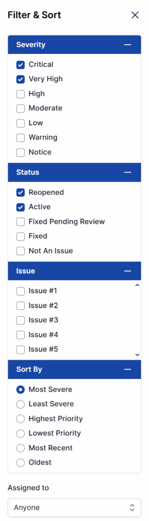 Filtering the issues list by severity, status, oldest and most recent, or who they're assigned to.