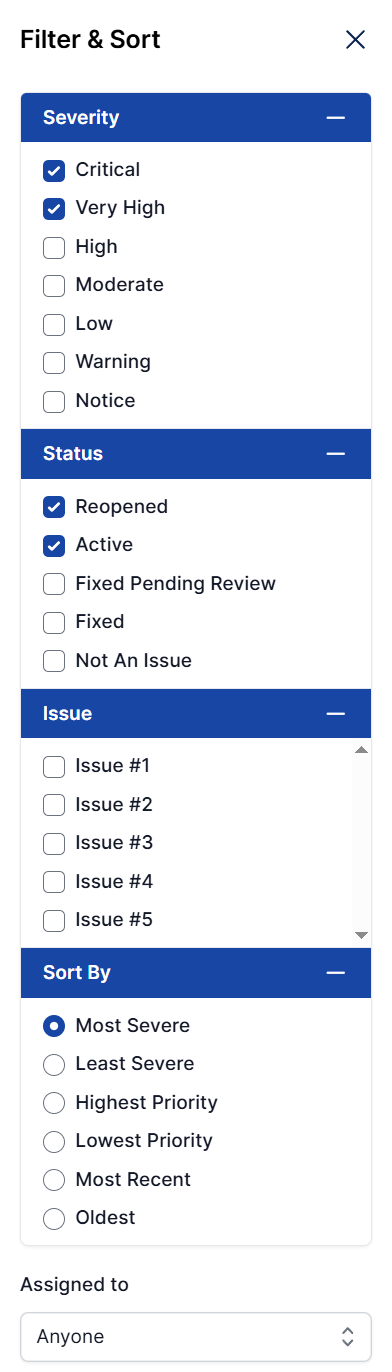 Filtering the issues list by severity, status, oldest and most recent, or who they're assigned to.