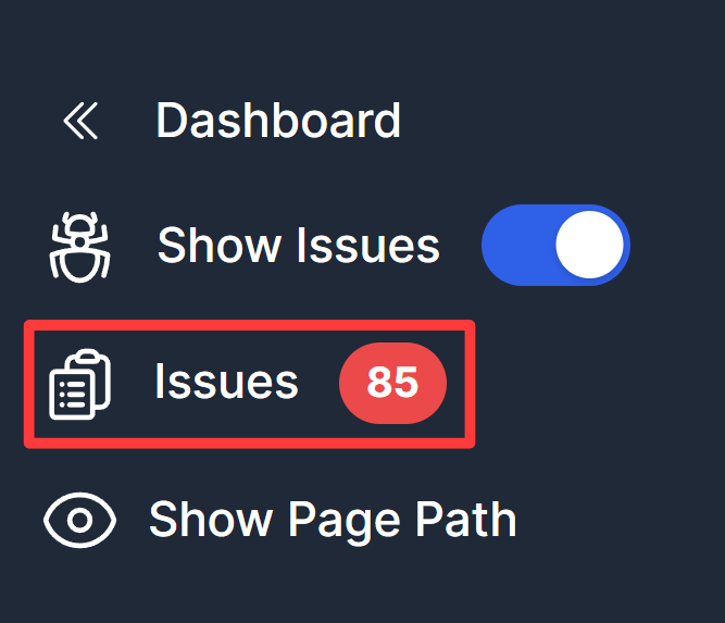 A screenshot that displays the issues tab in Visual Mode