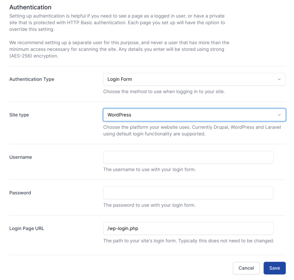 Advanced configuration settings that go over setting up authentication and types.