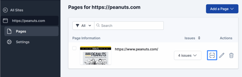 Run Automated Scan in the Site Dashboard for a single page.