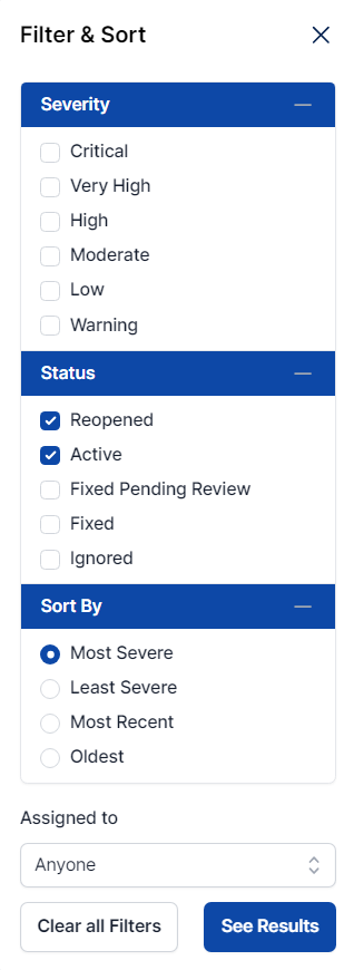 Filtering the issues list by severity, status, oldest and most recent, or who they're assigned to.