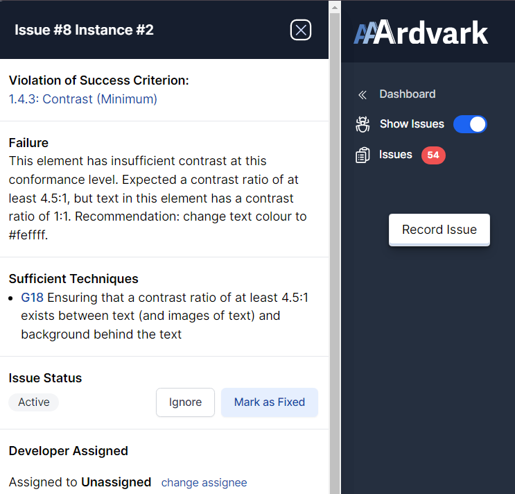 Issue declaring a violation of Success Criterion: 1.4.3 Contrast. Displays what an example issue can look like, the failure, sufficient techniques, and the status.