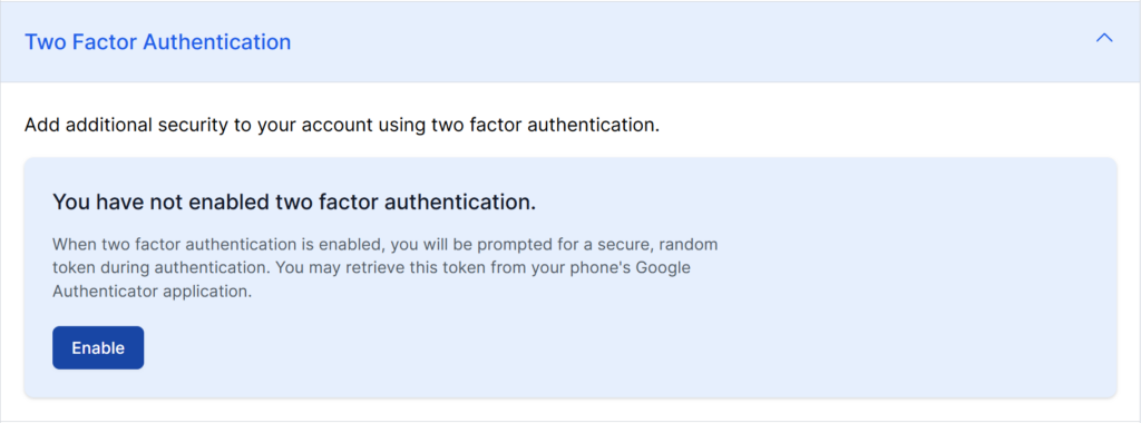 The screenshot displays a button to enable 2FA