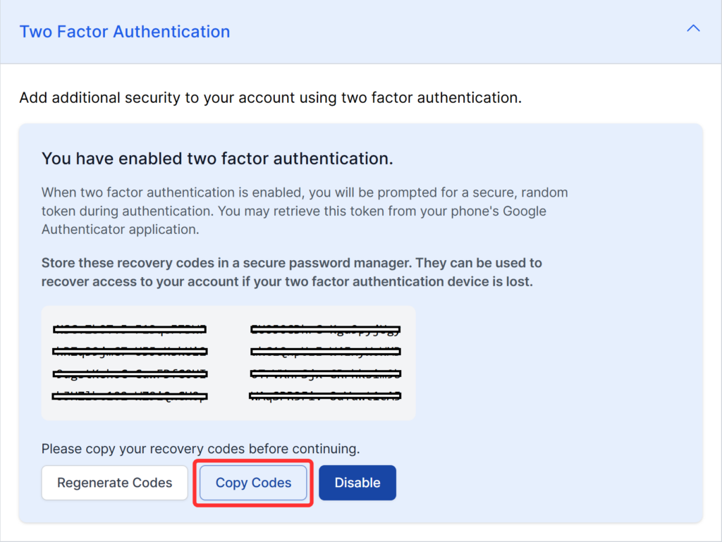 The screenshot displays 2FA backup codes for copying