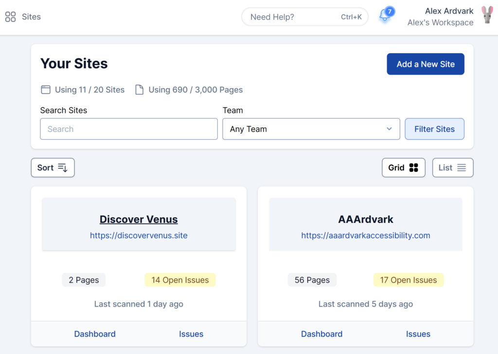Workspace Dashboard displaying sites and account settings.