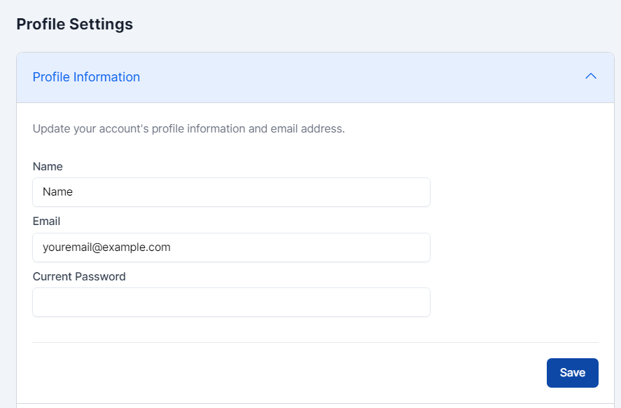 Profile Settings depicting Name, Email, and Current Password fields.