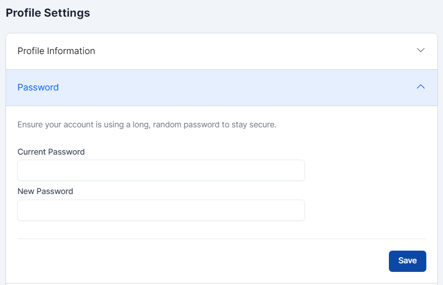 Profile Settings depicting Password entry the ability to change it.