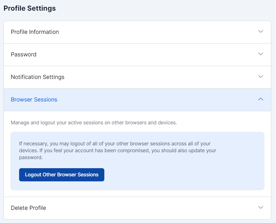 Profile Settings depicting Browser Sessions and what is currently logged in to the account.