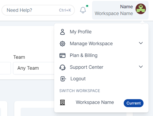 Account settings that displays My Profile, Manage Workspace, Plan & Billing, Support Center, Logout, and Workspaces.