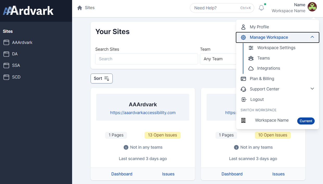 Workspace Dashboard displaying sites and account settings.