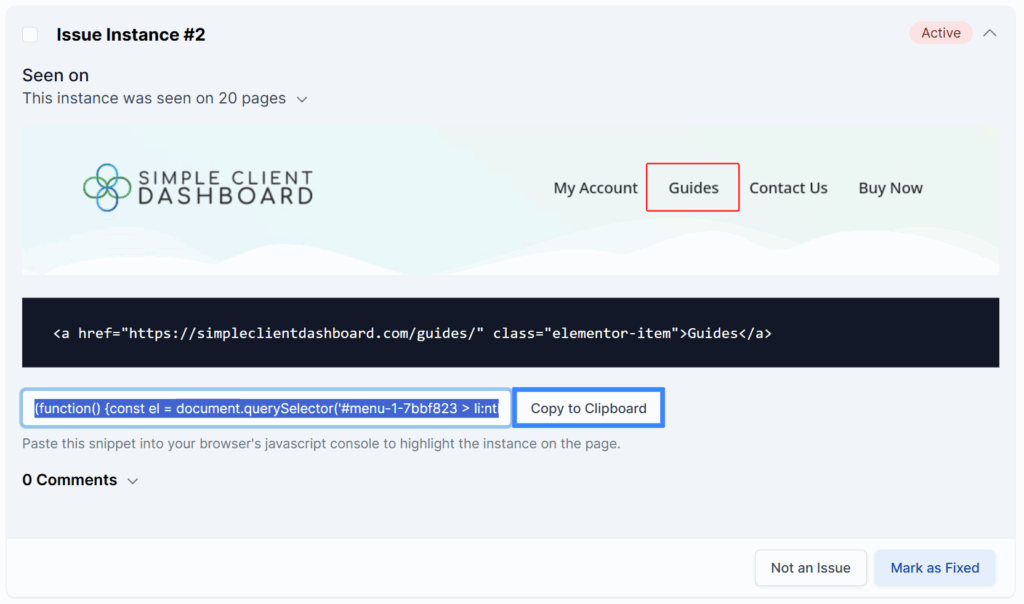 The image shows how you can use the 'Copy to Clipboard' button to copy the JavaScript snippet easily.