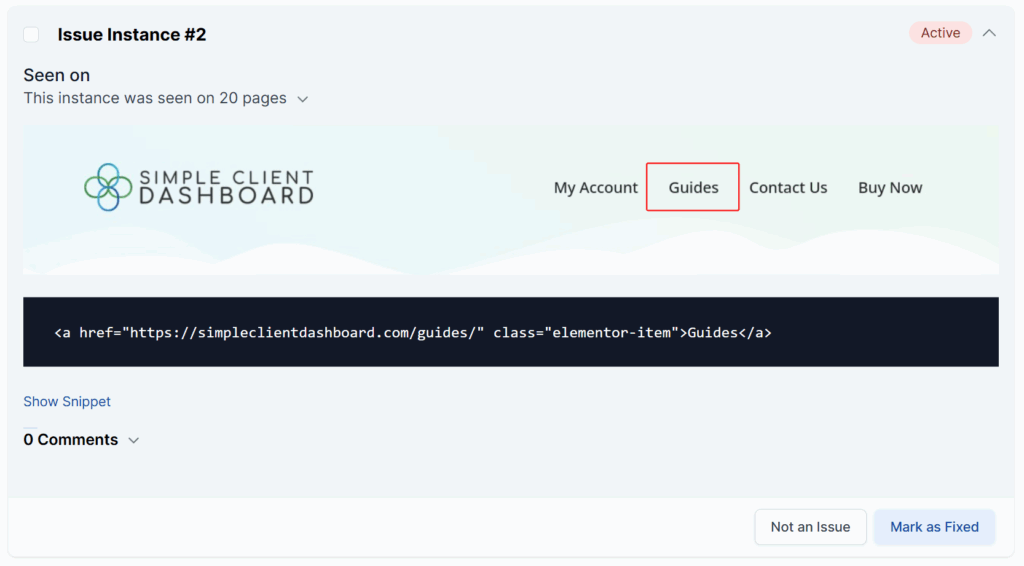 The images shows snippet link displayed under the issue reported.