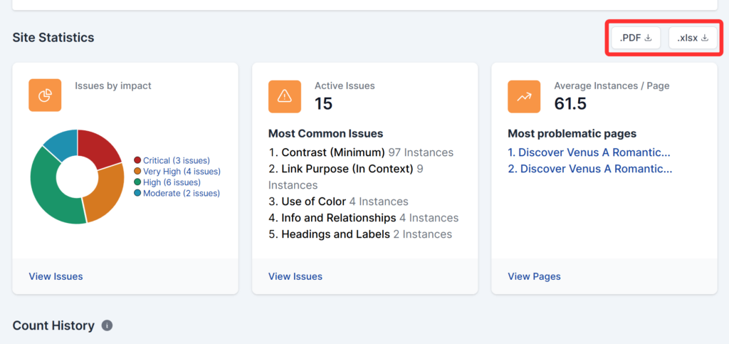 .PDF and .xlsx buttons that allow users to download from the reporting feature.