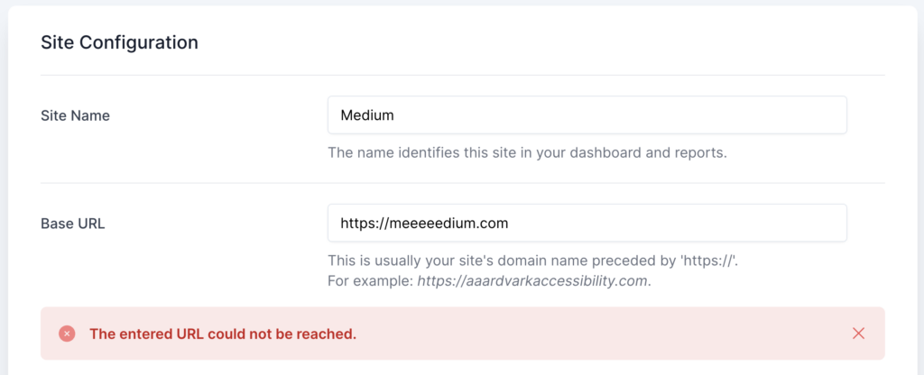 Site Configuration interface where the error message appears "The entered URL could not be reached", due to the URL containing a spelling error.
