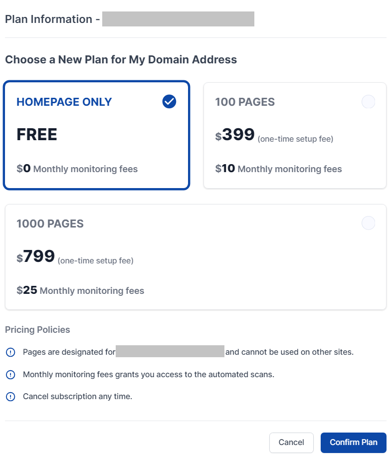 Plan information for chosen site to manage in the account, where the user can select which plan to go with and the amount of pages that can be monitored.