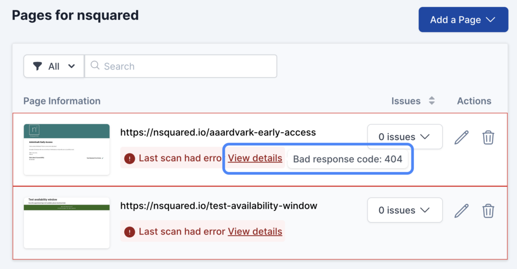 Hovering over the View Details button for the failed page scan and a tooltip shows, "Bad response code: 404".