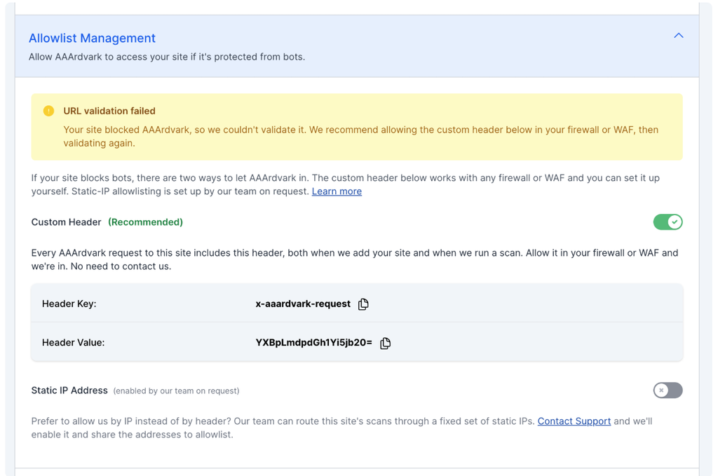 The Allowlist Management panel opens automatically when your site blocks validation, with your header key and value ready to copy.