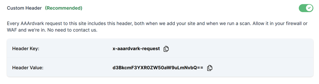 Access your custom header details through the Allowlisting section in Site Settings.