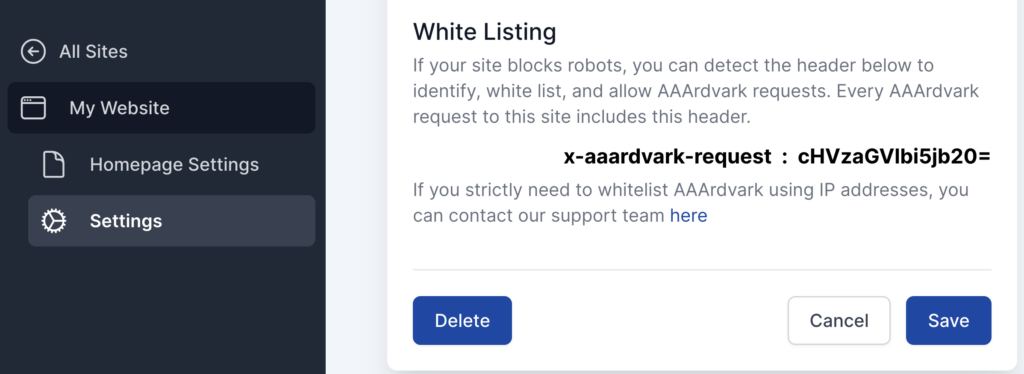 White Listing section scrolled into view within the Website Settings page in AAArdvark.