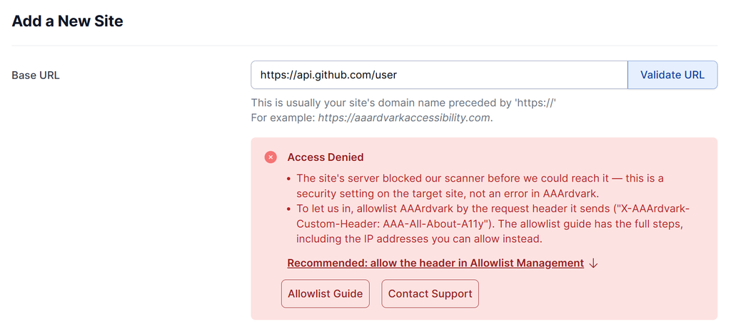 When Cloudflare is detected, the error adds a Cloudflare-specific message and a Cloudflare Guide button alongside the standard buttons.