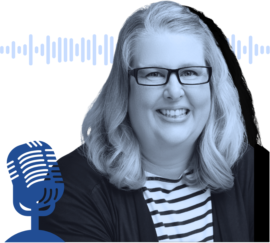 Natalie MacLees smiling with wavy blonde hair, wearing glasses, stripes shirt, and dark cardigan with a microphone icon on the left and vertical lines on the background