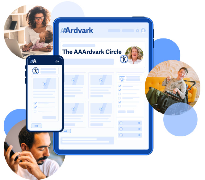 The AAArdvark Circle mockup interface is shown on a tablet and mobile screen. Surrounding the screens are circular portraits of diverse users, including a woman with a child and a wheelchair user.